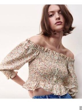 Zara Floral Off-Shoulder Smocked Crop Top